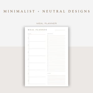 Close-up of a minimalist meal planner sheet. Sections for daily meals, groceries, and notes. Designed with ample white space and neutral tones for a clean, organized look.