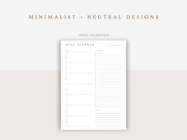 Close-up of a minimalist meal planner sheet. Sections for daily meals, groceries, and notes. Designed with ample white space and neutral tones for a clean, organized look.