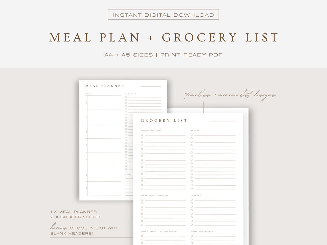 Weekly Meal Planner & Grocery List Printable - Minimalist Meal Planning ...