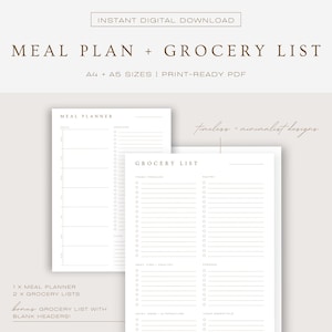Minimalist meal planner and grocery list set with clutter-free designs. The design is clean and neutral with beige, brown and white tones. Includes meal planner and 2 categorized grocery list sheets, plus a bonus free grocery list with blank headers