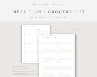 Planificador de comidas semanal y lista de compras imprimible: plantilla minimalista de planificación de comidas