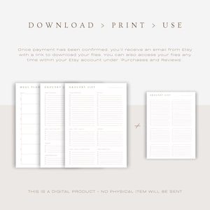 Instructions for a digital download with a meal planner, 2 categorized grocery lists, and a blank grocery list. Text explains the process to download and view files after purchase and clarifies no physical item is sent.
