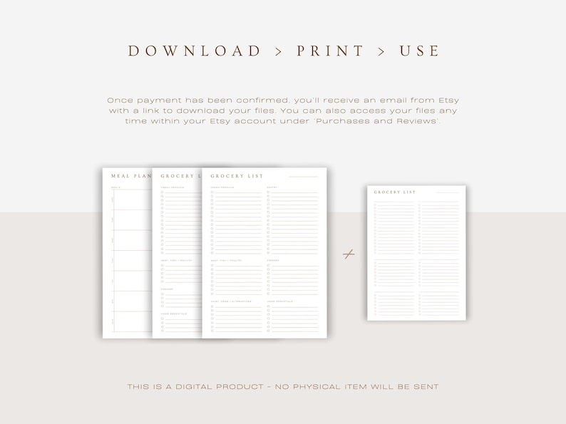 Instructions for a digital download with a meal planner, 2 categorized grocery lists, and a blank grocery list. Text explains the process to download and view files after purchase and clarifies no physical item is sent.