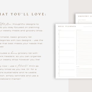 Minimalist meal planner and grocery list is shown. The text highlights what customers will love, mentioning "clutter-free" and "thoughtful" layouts, a bonus grocery list with blank headers and the ability to make it reusable through lamination.
