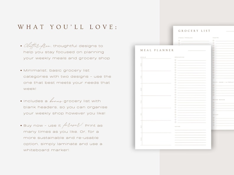 Minimalist meal planner and grocery list is shown. The text highlights what customers will love, mentioning "clutter-free" and "thoughtful" layouts, a bonus grocery list with blank headers and the ability to make it reusable through lamination.