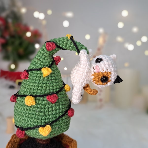 Crochet PATTERN Christmas Tree in a pot with a naughty Cat, Amigurumi Christmas decor , Tiny Crochet Cat PDF pattern