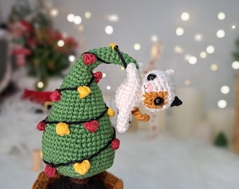 Crochet PATTERN Christmas Tree in a pot with a naughty Cat, Amigurumi Christmas decor , Tiny Crochet Cat PDF pattern