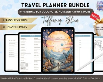 May include: A digital travel planner bundle in Tiffany Blue with 5 sections and 70+ pages. The bundle includes an index, itinerary, and "Have Been" pages. The cover features a watercolour illustration of a landscape with a moon and stars. The bundle is compatible with Goodnotes, Notability, iPad, and more.