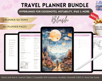 May include: A digital travel planner bundle featuring a watercolour illustration of a mountainous landscape with a woman walking on a path. The bundle includes 5 planner sections, 70+ planner pages, and 1000+ daily life digital stickers. The planner is compatible with Goodnotes, Notability, iPad, and more.