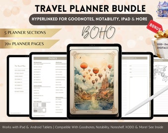 May include: A digital planner bundle with a boho theme. The cover features a watercolour illustration of hot air balloons floating over a castle. The planner includes 5 sections and 70+ pages. It is compatible with Goodnotes, Notability, iPad, and more.
