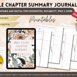 May include: Printable and digital Bible chapter summary journal with 5 floral themes. The journal is compatible with Goodnotes, Notability, iPad and more. It includes a guide and 1000+ daily life digital stickers.