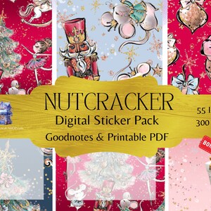 Puede incluir: Un paquete de pegatinas digitales con temática de Cascanueces. El paquete incluye 55 imágenes a 300 DPI. Las imágenes presentan un Cascanueces, una bailarina, ratones, un árbol de Navidad y adornos. Las pegatinas son compatibles con Goodnotes y se pueden imprimir.