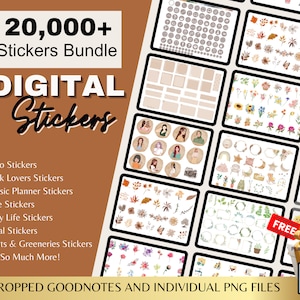 May include: A digital sticker bundle with over 20,000 stickers. The stickers are organized into categories such as boho, book lovers, classic planner, cute, daily life, floral, plants & greeneries, and more. The image also includes a free sticker book.