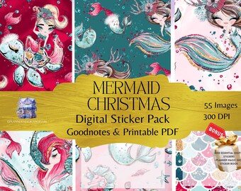 Mermaid Christmas Stickers, Watercolor Planner Art (Goodnotes, Printable PDF)