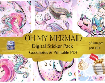 Mermaid Goodnotes Stickers, Watercolor Planner Stickers (Digital Download)