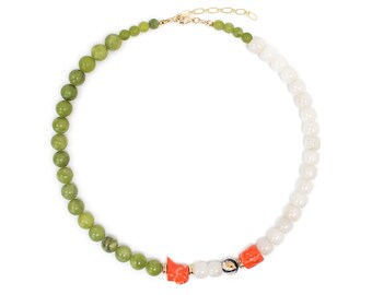 Green Chalcedony & Coral Necklace – White Jade Choker, Natural Stone Jewelry