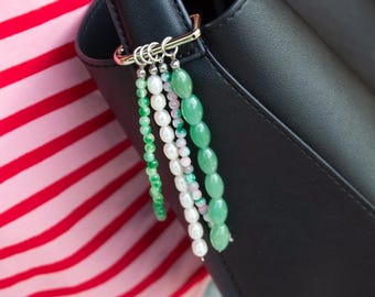 Green Aventurine & Pearl Bag Charm: Boho Purse Accessory, Handmade Keychain