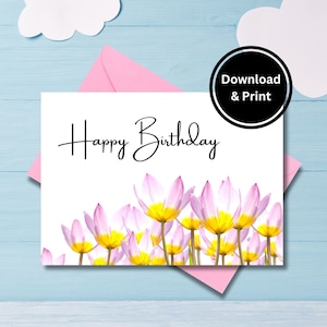 Cartão de aniversário para impressão com flores, cartão de aniversário floral, PDF para download instantâneo, cartão de felicitações para impressão, impressão em casa, cartão de 7 x 5 polegadas