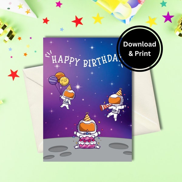 Space Astronauts on Moon Birthday Card, Birthday Card for Kids, Instant Download PDF, Printable Greeting Card, Print at Home, 5x7 inch Card