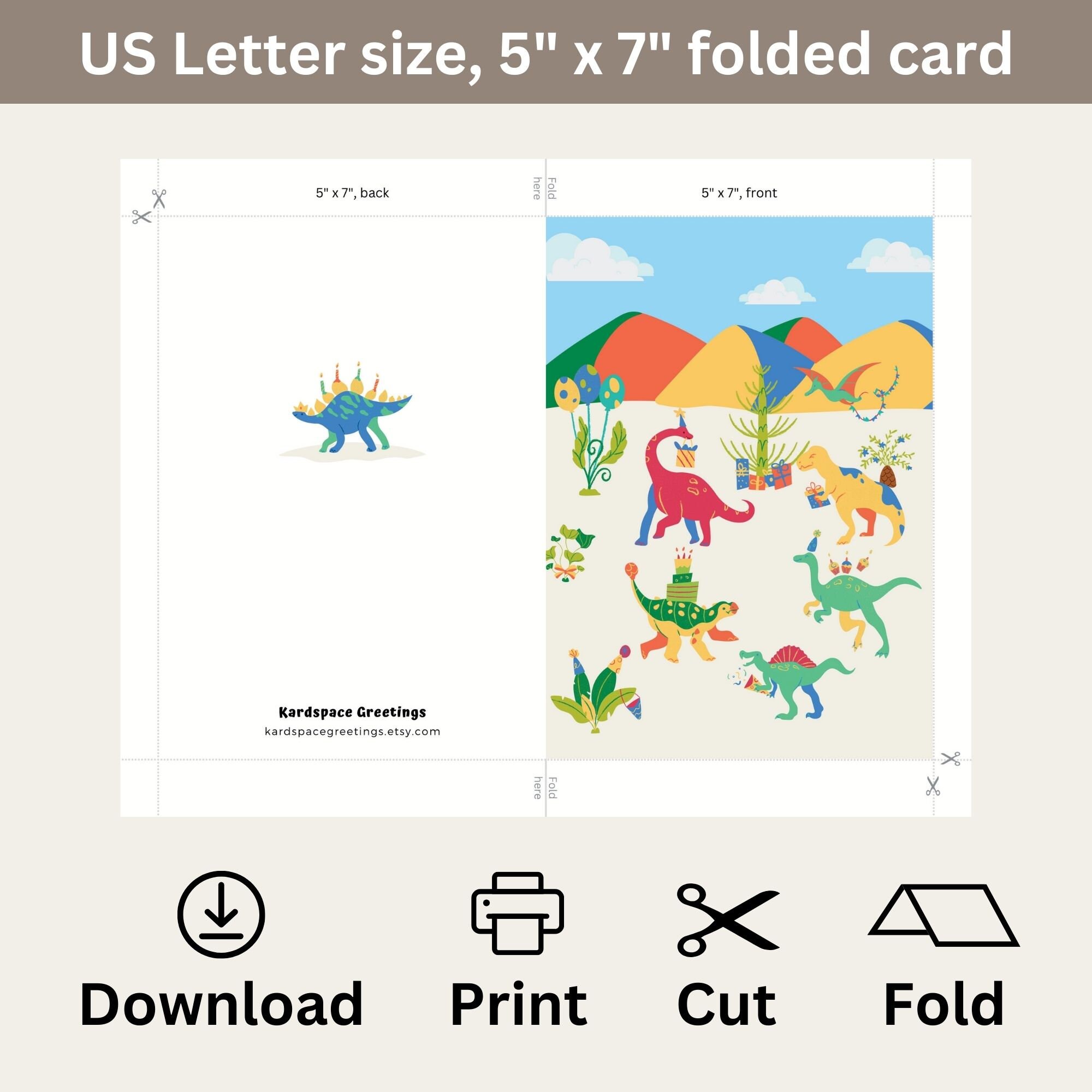 Printable Birthday Card With Dinosaurs, Birthday Card for Kids, Instant Download PDF, Printable ...