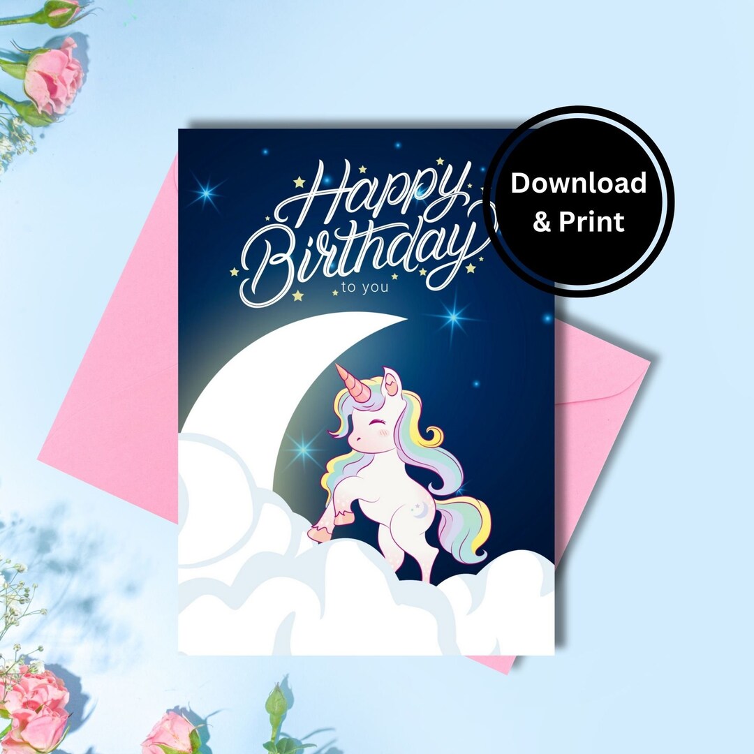 Printable Birthday Card With Unicorn, Birthday Card for Kids, Instant ...