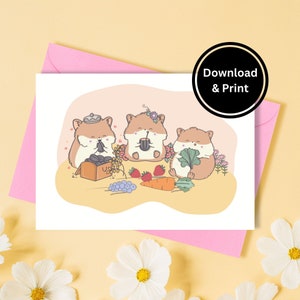 Cartão de Hamster Fofo, Diversão com Comida, Cartão para Amigo, Cartão de Felicitações para Imprimir, Download Instantâneo em PDF, Imprimir em Casa, Cartão de 7x5 polegadas