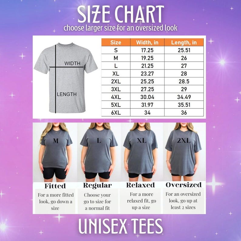May include: Size chart for unisex tees, with measurements in inches. Includes a diagram of a t-shirt with width and length indicators. Models wearing different sizes are shown, with descriptions for fitted, regular, relaxed, and oversized fits. The text "UNISEX TEES" is at the bottom.