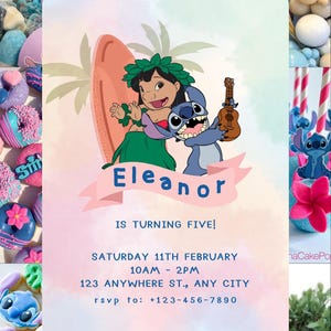 Convite de aniversário de Lilo e Stitch - Convite digital editável - Evite festa de luau na praia - Cartão para impressão com download instantâneo