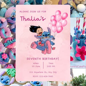 Convite de aniversário de Lilo e Stitch - Convite digital editável - Evite festa de luau na praia - Cartão para impressão com download instantâneo