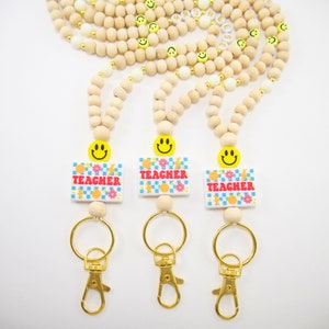 Yellow Smiley Face Teacher Lanyard, Personalized Wood Bead Lanyard, ID Badge Necklace, Trendy Lanyard, Gift for Teacher