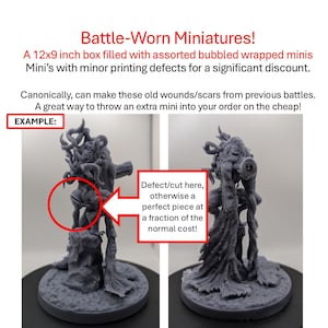 May include: A gray 3D printed miniature with a defect on the leg. The miniature is standing on a round base. The text "Defect/cut here, otherwise a perfect piece at a fraction of the normal cost!" is written in red.
