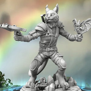 May include: A gray, detailed figurine of a cat-like creature wearing armor and holding a weapon and a small bat. The figurine is standing on a base with crystals.