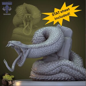 May include: A 3D printed miniature of a large, grey snake with a wide open mouth and a long, forked tongue. The snake is coiled around a rock and has a detailed, scaly texture. The miniature is pre-supported and comes with a stat sheet.
