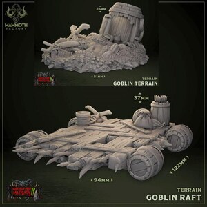 Puede incluir: Un modelo de plástico gris y detallado de una balsa de goblin, una pequeña balsa de madera con pinchos, para juegos de mesa. La balsa mide 94 mm de largo, 122 mm de ancho y 37 mm de alto.