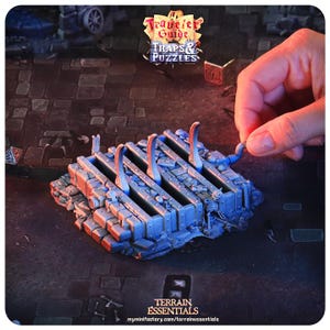 May include: A miniature dungeon trap made of gray and blue plastic. The trap features four spikes that rise from the ground and are triggered by a lever. The trap is designed for use in tabletop role-playing games.