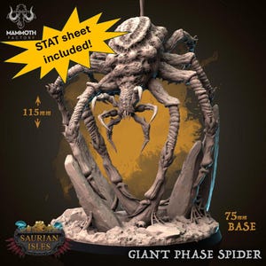 Könnte beinhalten: Eine detaillierte, graue, 3D-gedruckte Miniatur einer riesigen Phasenspinne mit acht Beinen, die auf einem felsigen Sockel steht. Die Spinne ist 115 mm hoch und der Sockel hat einen Durchmesser von 75 mm. Die Miniatur ist Teil der Saurian Isles-Kollektion.