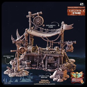 May include: A miniature wooden explorer's stand with a sign that reads "Explorer's Stand Sign". The stand is decorated with ropes, a backpack, and various tools. It is part of a medieval market set.