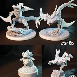 Puede incluir: Cuatro figuras detalladas de monstruos de color gris claro sobre bases circulares blancas. Las figuras incluyen una criatura con grandes alas y una cola, un monstruo con cabeza de tiburón y otros dos diseños de monstruos únicos. El texto "BECCA_3D" y "CCA_3D" es visible.