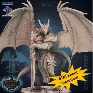 May include: A detailed, pre-supported miniature of a dragon warrior, standing 90mm tall, holding a sword. The dragon is wearing armor and has wings spread wide. The miniature is part of the Dragons of the Immortal Flame series.