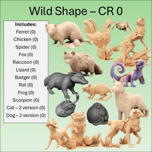 Op de afbeelding: Een verzameling dierenbeeldjes, waaronder een fret, kip, spin, vos, wasbeer, hagedis, das, rat, kikker, schorpioen, kat en hond. De tekst "Wild Shape - CR 0" en een lijst met dieren zijn ook aanwezig.