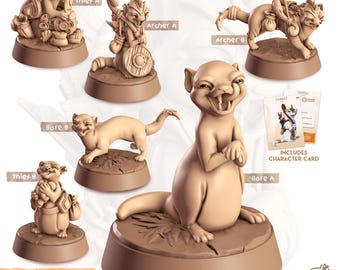 Könnte beinhalten: Eine Sammlung von sechs beigen Miniatur-Frettchenfiguren, beschriftet als Thief A, Archer A, Archer B, Bare B, Thief B und Bare A. Die Figuren stehen auf runden Sockeln mit Text, darunter Cornelia's Magnificent Account of Companions und Farrat aka The Ferret, sowie eine Charakterkarte.