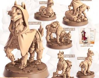 May include: A set of six miniature llama figurines, each with a different outfit and pose. The figurines are painted in a light brown color and have detailed features. The set includes a bare llama, an explorer llama, an alchemist llama, and a llama wearing a red cloak. The figurines are designed for use in tabletop role-playing games.