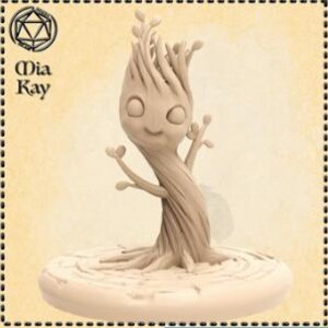 May include: A small, brown, wooden figurine of a tree with a smiling face and small branches. The figurine is standing on a round base.