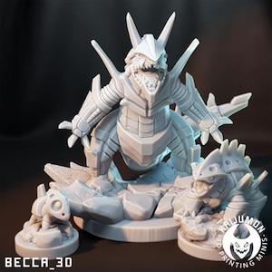 May include: A detailed, light gray 3D-printed figurine of a monster with sharp teeth and spiky features. The figurine is on a rocky base, with two smaller monster figures nearby. The text "BECCA_3D" is printed on the base.