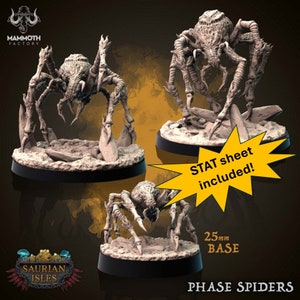 Könnte beinhalten: Drei detaillierte, graue, Plastik-Miniaturfiguren von Phasenspinnen auf 25 mm Sockeln. Die Spinnen haben acht Beine und einen segmentierten Körper. Der Text "STAT sheet included!" und "PHASE SPIDERS" ist im Bild sichtbar.
