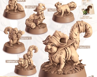 Könnte beinhalten: Eine Sammlung von sechs unbemalten Miniatur-Streifenhörnchen-Figuren aus Cornelia's Magnificent Account of Companions. Das Set enthält die Varianten Bare A, Bare B, Wizard A, Wizard B, Explorer A und Explorer B sowie eine Charakterkarte.