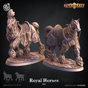 May include: Two detailed, beige-colored miniature horse figurines with ornate saddles and armor. The horses stand on oval bases, with the text "Royal Horses" and "484" visible. The suggested base size is 60 mm.