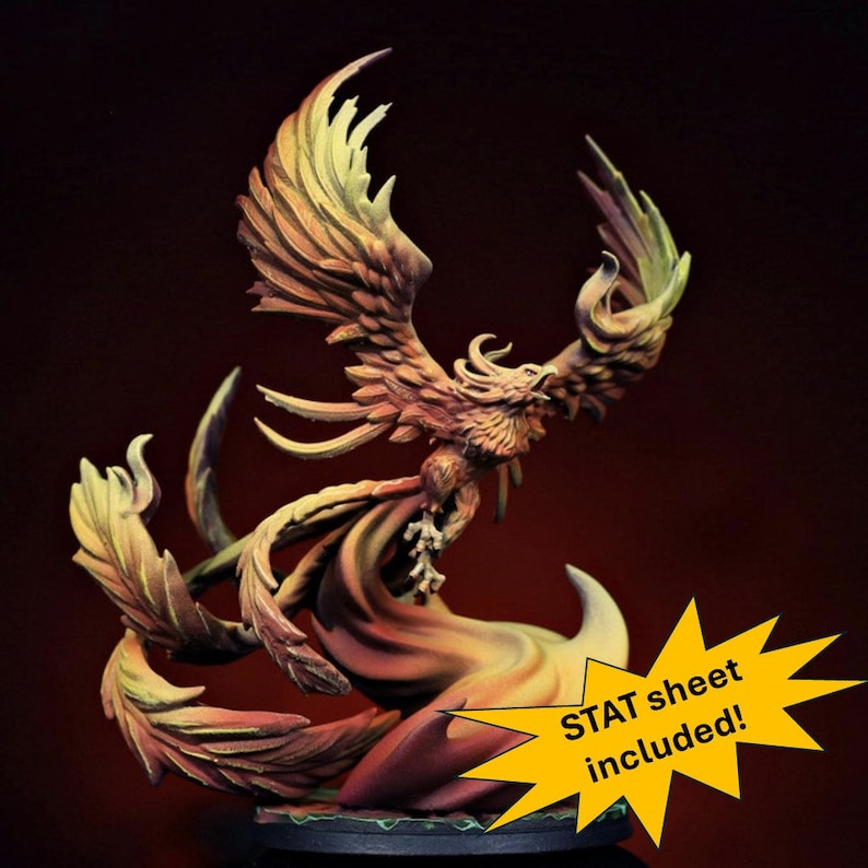 May include: A detailed miniature of a phoenix rising from flames, painted in shades of orange, yellow, and red. The miniature is on a black base and includes a stat sheet.