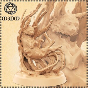 May include: A beige 3D-printed figurine of a cat-like creature intertwined with branches. The sculpture features a detailed design with a round base and the text "m3dm" and a logo in the upper left corner. The cat's face is visible, with closed eyes.