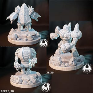 May include: A collection of 3D-printed miniature fantasy figures. The figures include a rock-like golem, a stone-like warrior, and a robotic character, all on textured bases. The figures are in a neutral color, suitable for painting.
